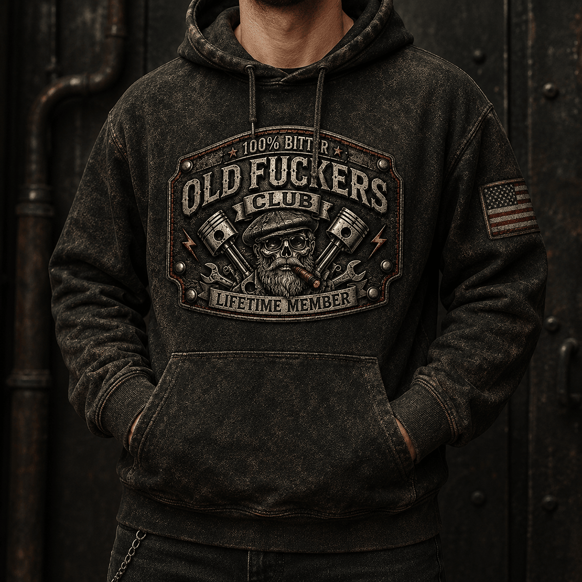 Old Fuckers Club Lifetime Member Printed Hoodie Bitter Mechanic Skull Piston Graphic Hooded Pullover Gift for Dad Grandpa Biker Car Enthusiast