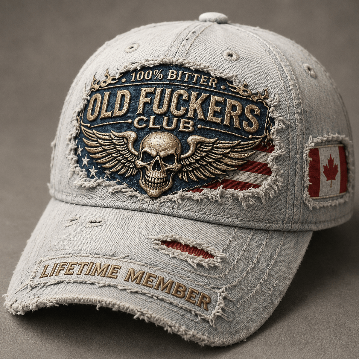 Old Fuckers Club Lifetime Member Printed Vintage Cap Skull Wings American Flag Canada Flag Trucker Hat Gift for Dad Grandpa Biker Patriotic