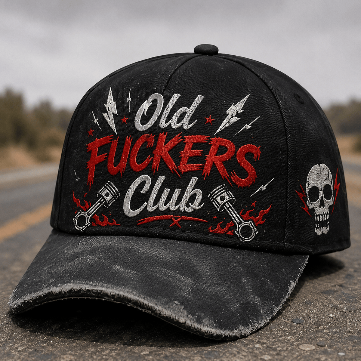 Old Fuckers Club Printed Vintage Trucker Cap Skull Piston Mechanic Graphic Hat Biker Gift for Dad Grandpa Motorcycle Rider Hot Rod Enthusiast