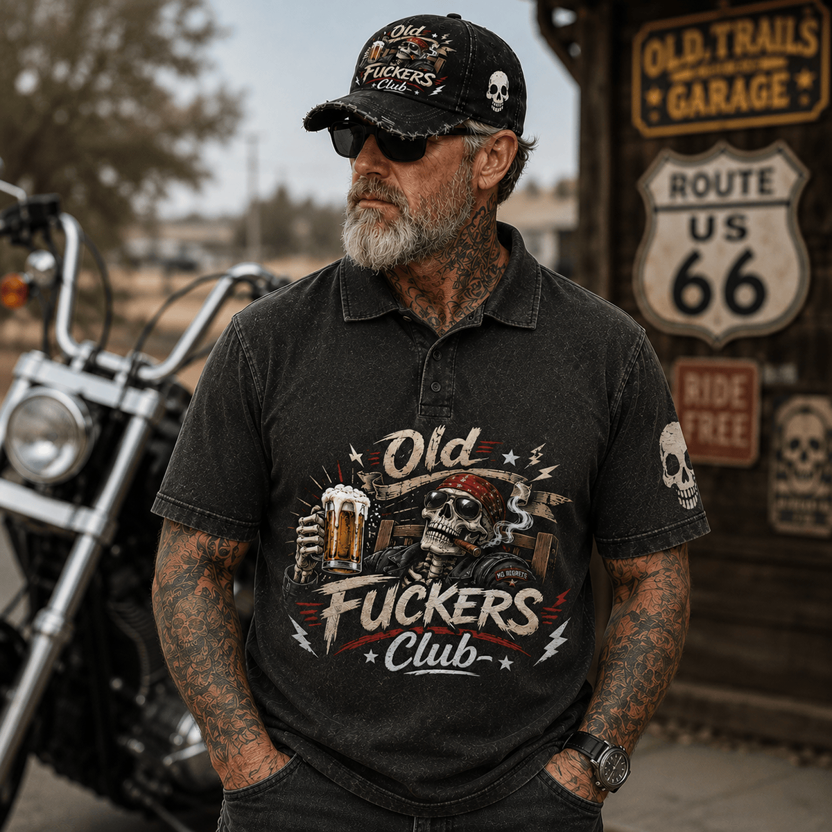 Old Fuckers Club Printed Polo Shirt Skull Beer Cigar Biker Graphic Funny Motorcycle Rider Gift for Dad Grandpa