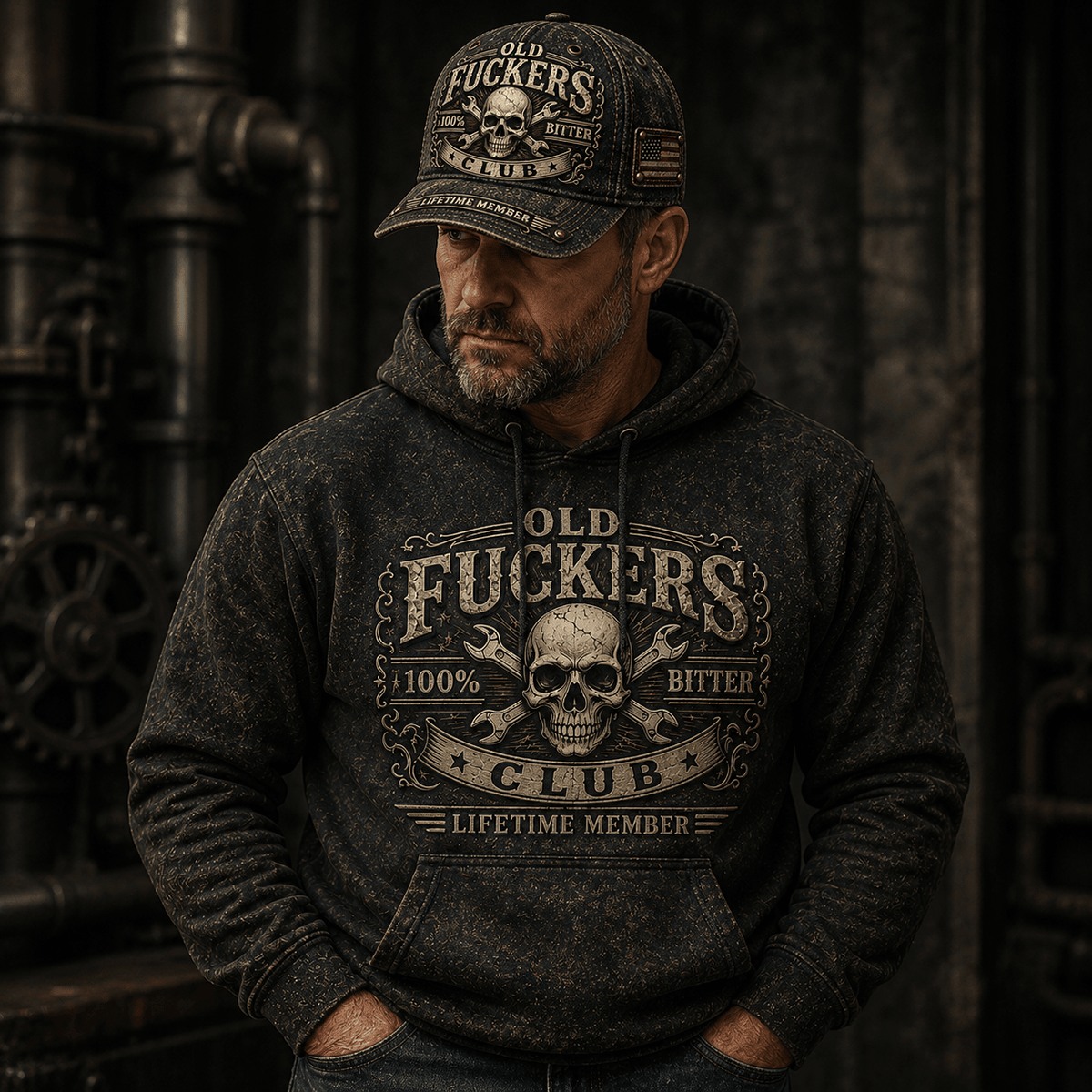 Old Fuckers Club Bitter Printed Hoodie Skull Wrench Graphic American Flag Funny Gift for Dad Grandpa Biker Motorcycle Lover
