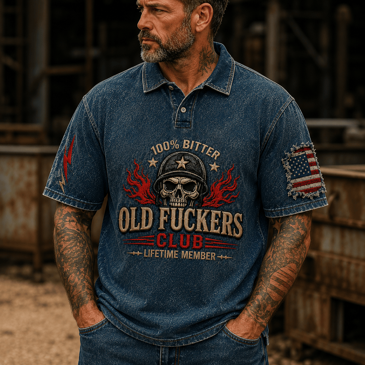 Bitter Old Fuckers Club Printed Polo Shirt Skull Veteran Polo Patriotic Military Graphic Polo Gift for Veterans Men