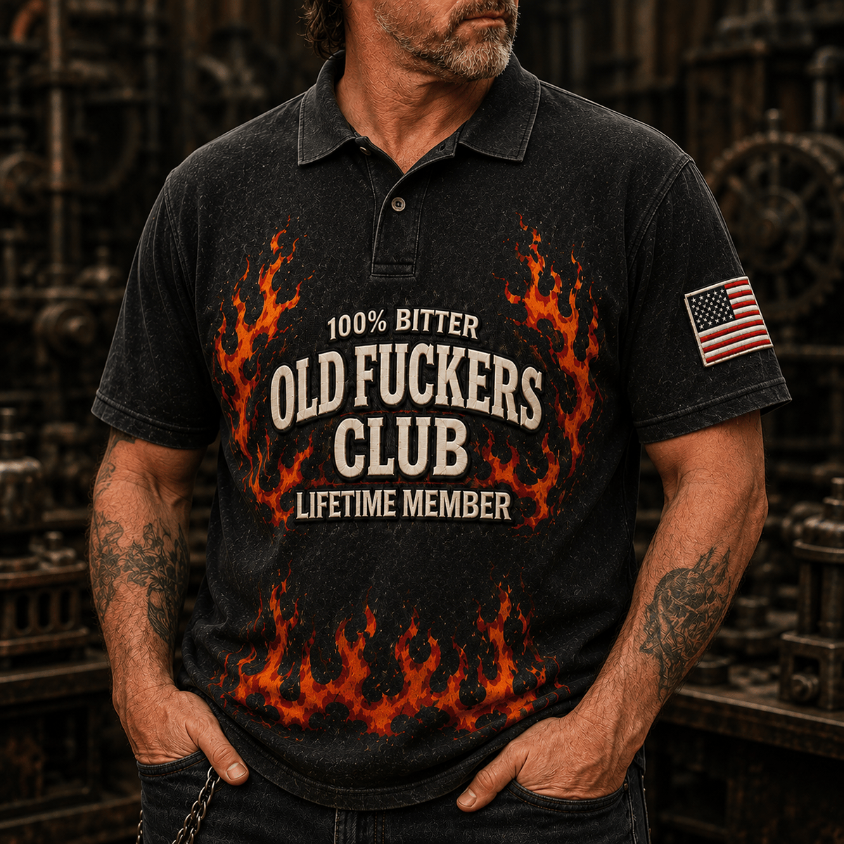 Old Fuckers Club Bitter Flame Printed Polo Shirt Funny Biker Graphic Polo Shirt Fire Skull Gift for Men Lifetime Member