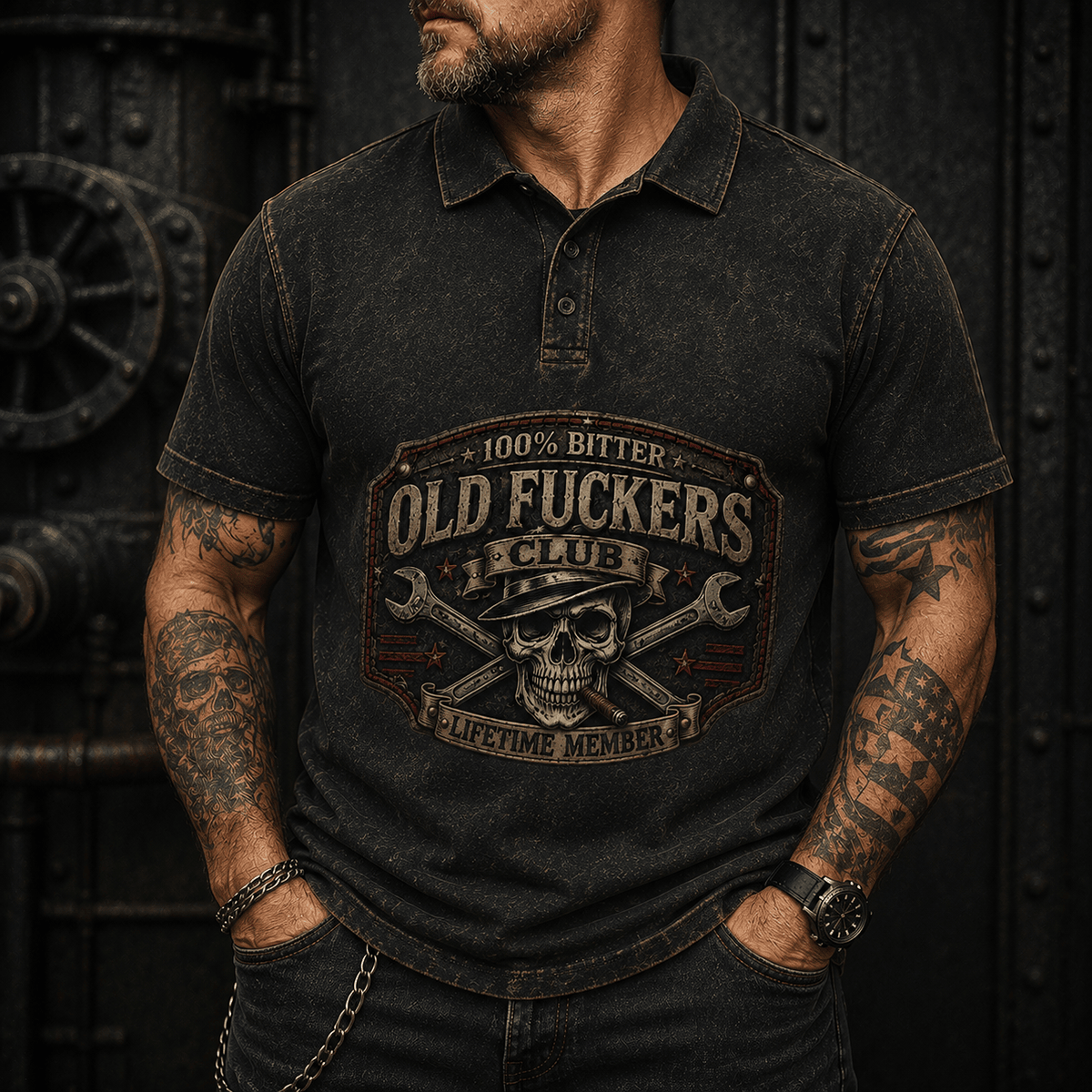 Bitter Old Fuckers Club Skull Mechanic Printed Polo Shirt Vintage Skull Graphic Polo Funny Gift for Men Wrench Design Biker Dad Gift