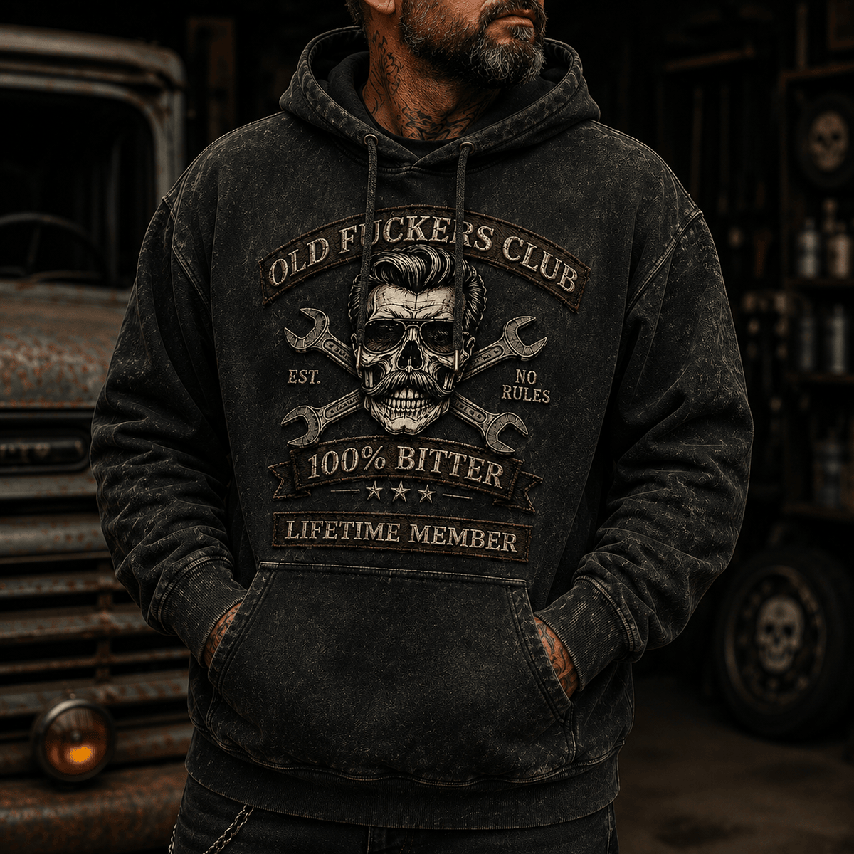 Old Fuckers Club Skull Mechanic Printed Hoodie Funny Skull Graphic Hoodie for Men Vintage Wrench Design Biker Dad Gift Garage Mechanic Apparel