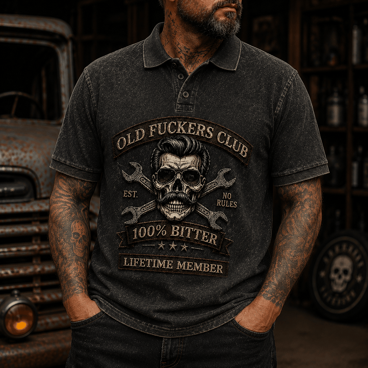Old Fuckers Club Skull Mechanic Printed Polo Shirt Vintage Skull Graphic Polo Funny Gift for Men Wrench Design Garage Mechanic Biker Dad Gift