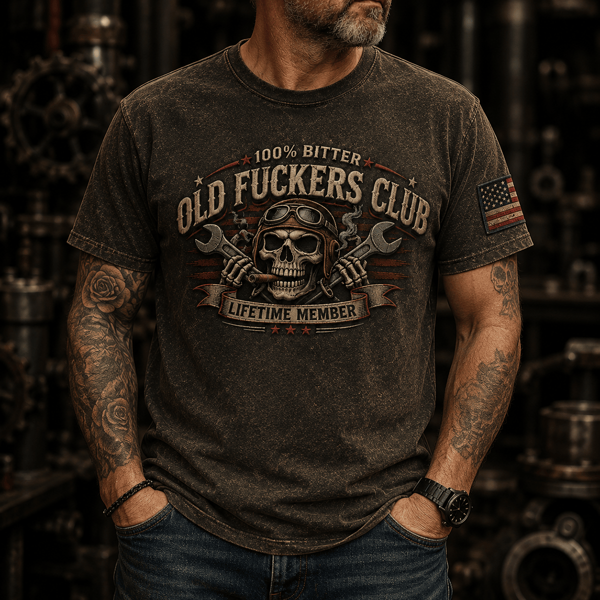 Old Fuckers Club Lifetime Member Skull Printed T-Shirt Vintage Mechanic Graphic Tee Biker Motorcycle Gift for Men