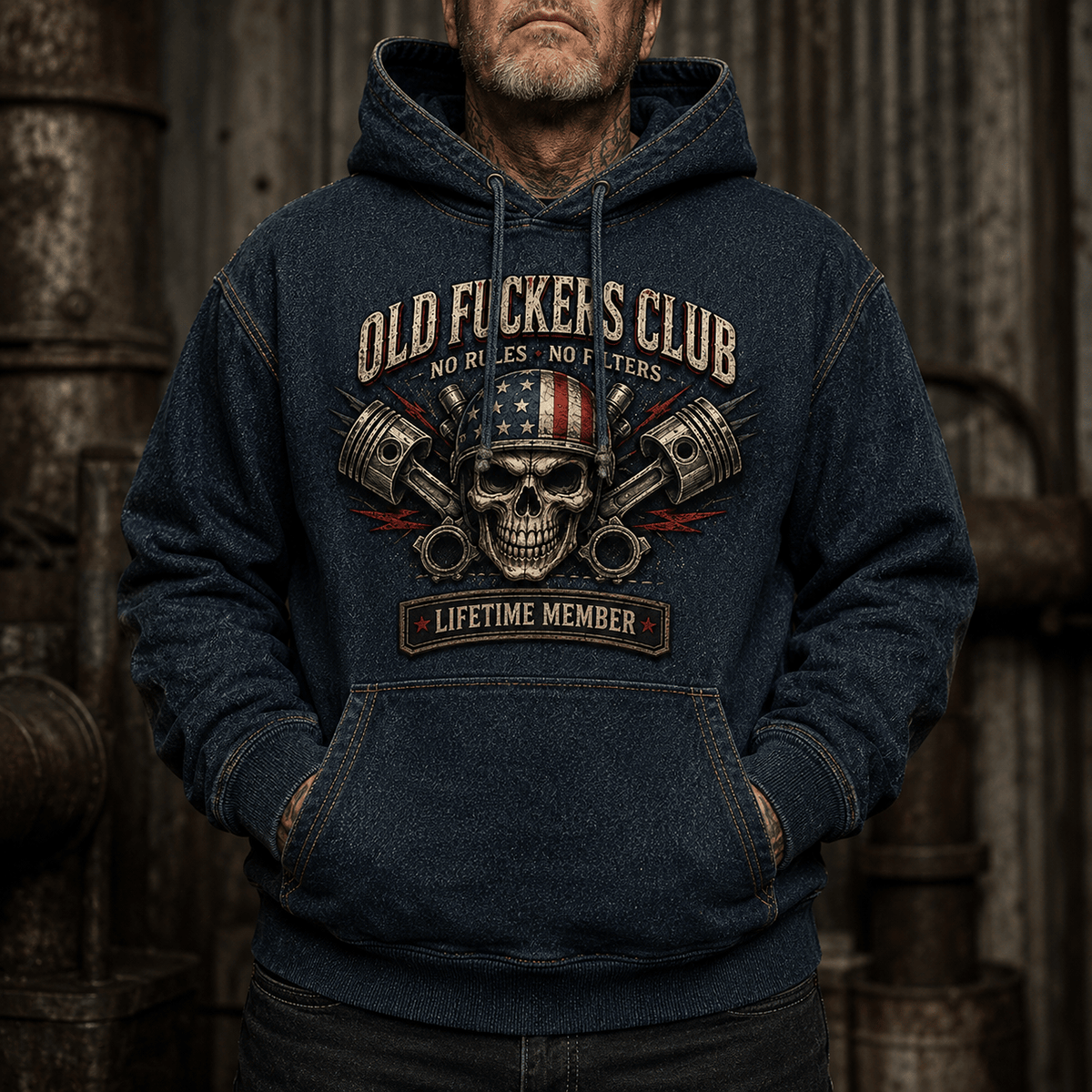 Old Fuckers Club No Rules No Filters Lifetime Member Printed Hoodie Skull Piston Graphic Funny Gift for Men Biker Mechanic Dad