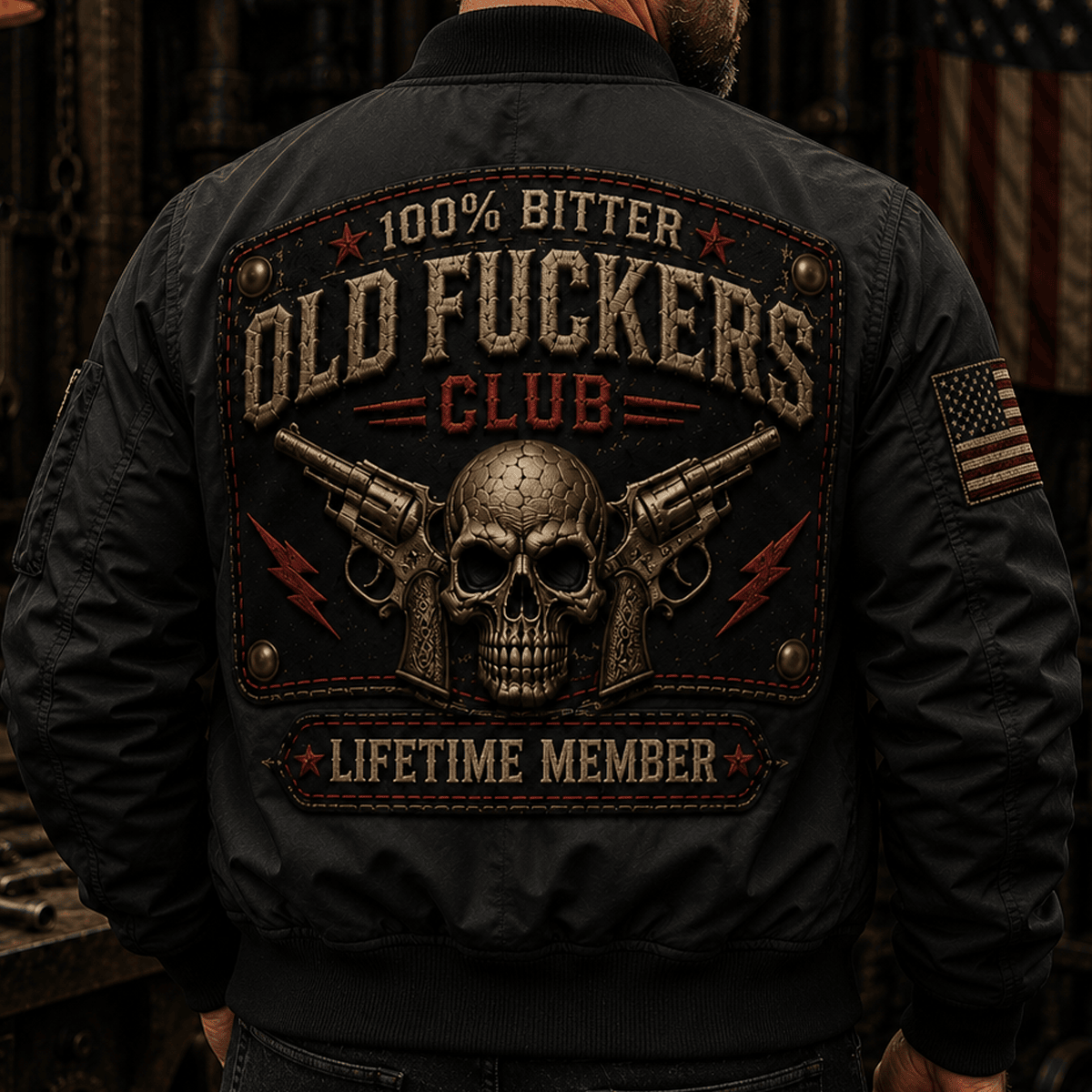 Old Fuckers Club Lifetime Member Printed Bomber Jacket Skull Revolver Graphic Funny Vintage Gift for Dad Grandpa Back Print
