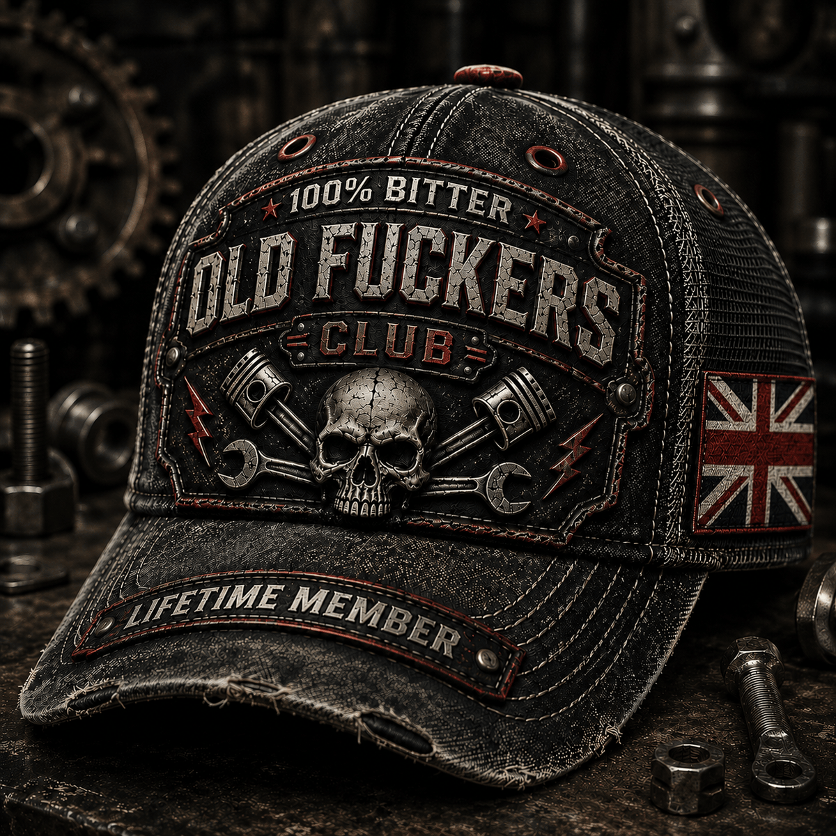 Old Fuckers Club Lifetime Member Printed Trucker Hat Skull Piston Wrench Mechanic Graphic Funny Garage Gift for Dad Grandpa UK Flag