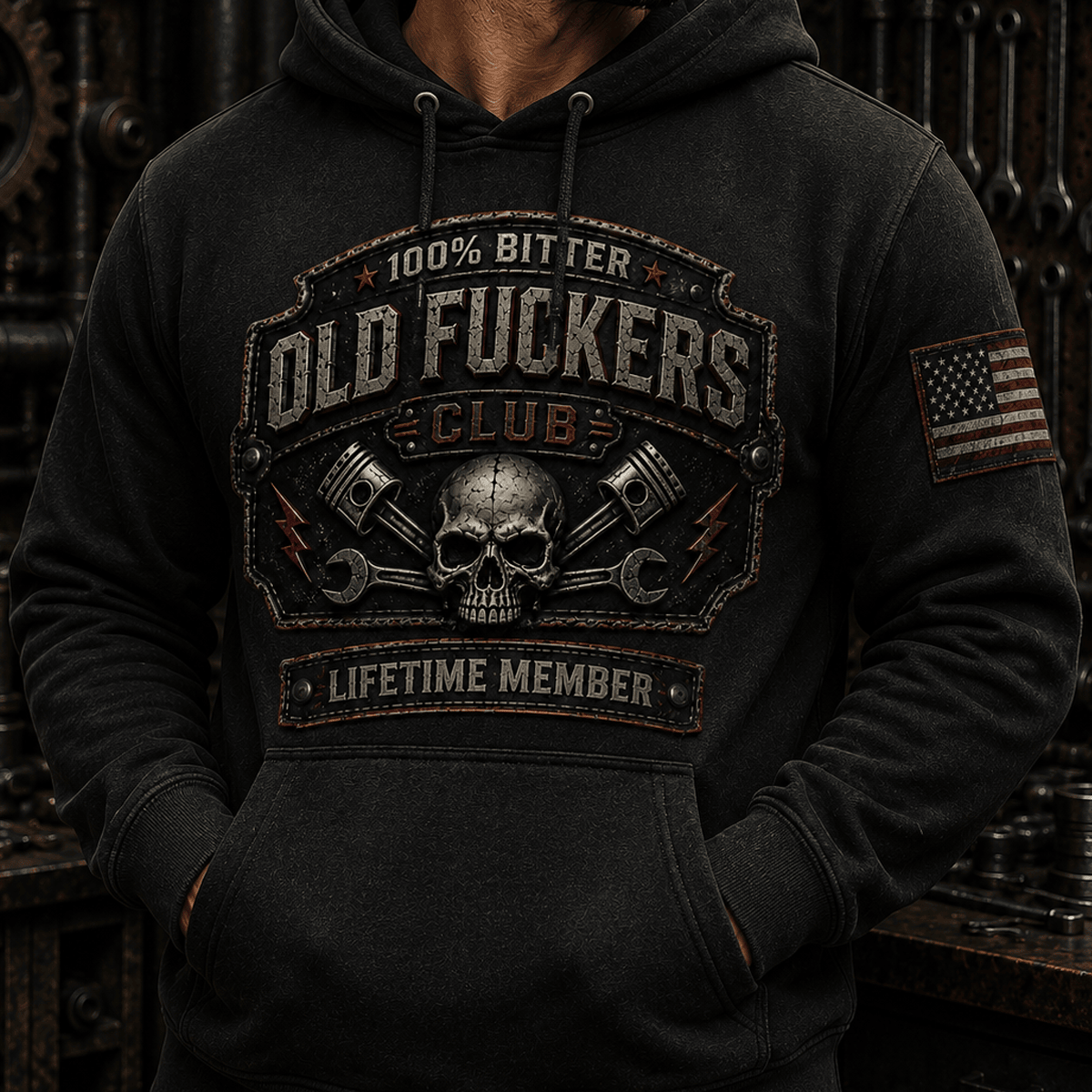Old Fuckers Club Lifetime Member Printed Hoodie Skull Piston Wrench Mechanic Graphic Funny Garage Gift for Dad Grandpa