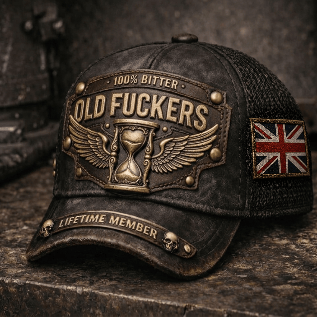 Old Fuckers Club Lifetime Member Printed Trucker Hat Winged Hourglass Graphic Funny Gift for Dad Grandpa UK Flag Cap