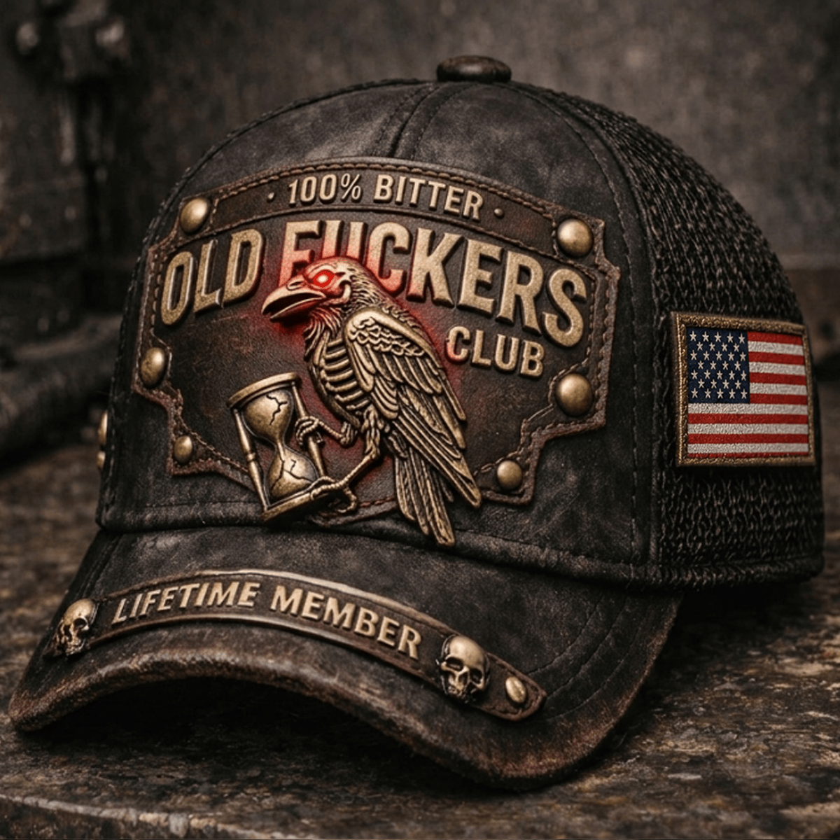 Old Fuckers Club Lifetime Member Printed Trucker Hat Raven with Hourglass Graphic Funny Gift for Dad Grandpa USA Flag Cap