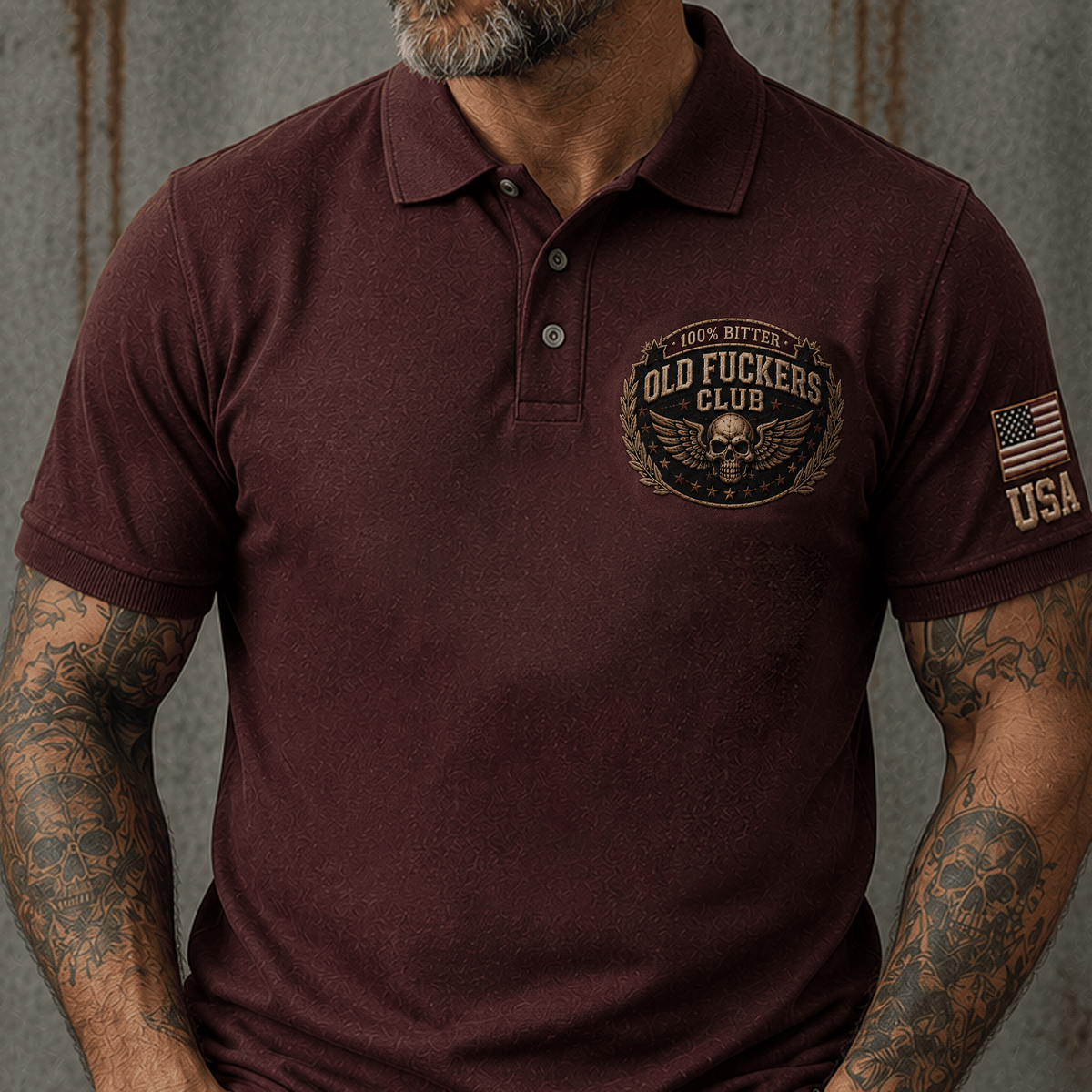 Bitter Old Fuckers Club Skull Wings Printed Polo Shirt Vintage Skull Graphic Gift for Men USA Flag