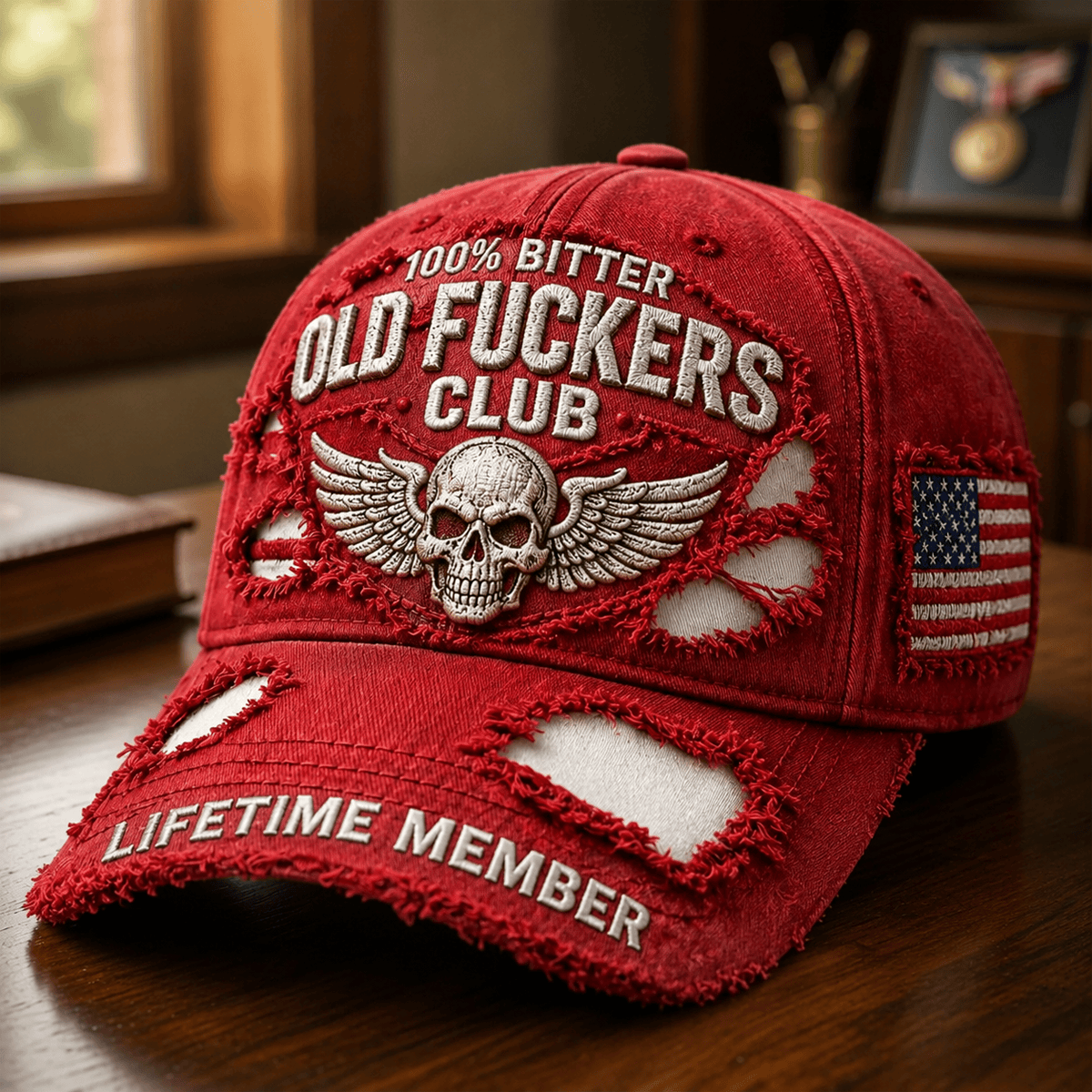 Old Fuckers Club Lifetime Member Printed Baseball Cap, Skull Wings American Flag Hat, Funny Old Man Senior Humor Gift for Men