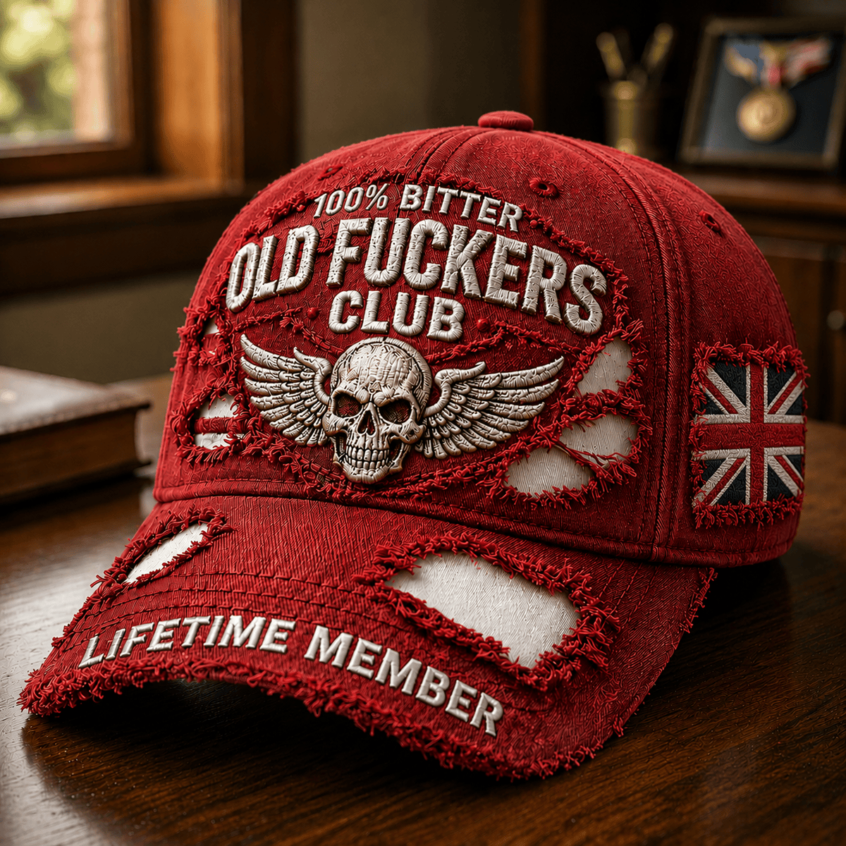 Old Fuckers Club Lifetime Member Printed Baseball Cap, Skull Wings UK Flag Hat, Funny Old Man Senior Humor Gift for Men