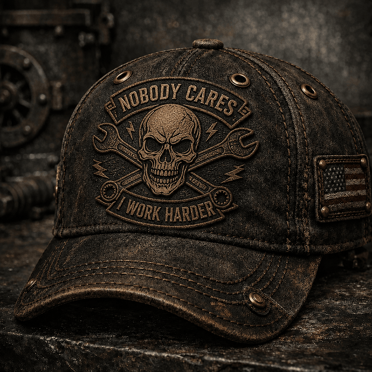 Nobody Cares I Work Harder Skull Printed Baseball Cap, Funny Mechanic Hat, Skull Graphic Cap, Mechanic Gift for Men, Garage Humor Hat