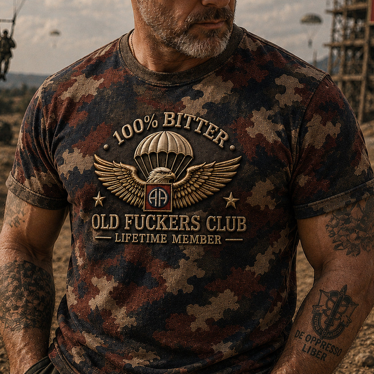 Old Fuckers Club Printed T-Shirt, Funny Paratrooper Eagle Shirt, Lifetime Member Graphic Tee, Airborne Humor Gift for Dad Grandpa