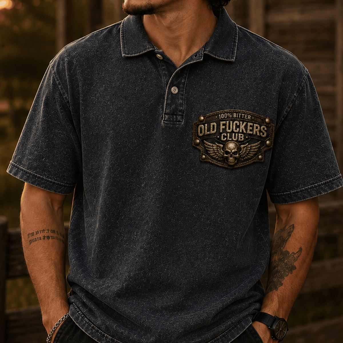 Old Fuckers Club Printed Polo Shirt, Funny Skull Graphic Polo for Men, Old Man Humor Shirt, Lifetime Member Gift for Men