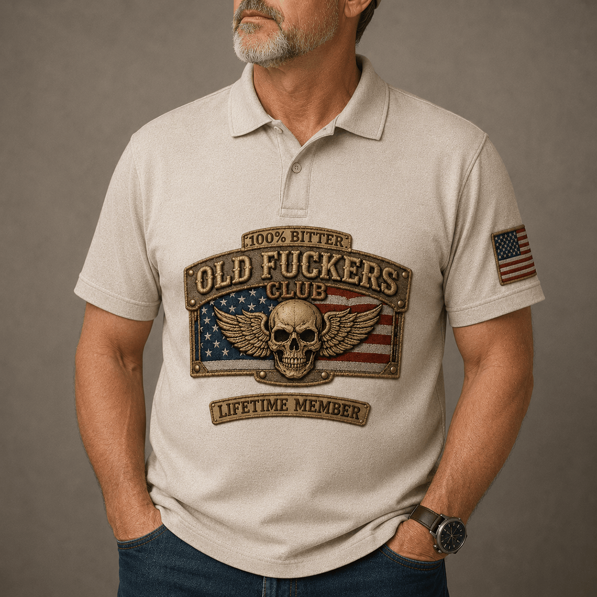 Printed Old Guys Club Lifetime Member Polo Shirt, Skull Wings American Flag Graphic, Funny Gift for Men