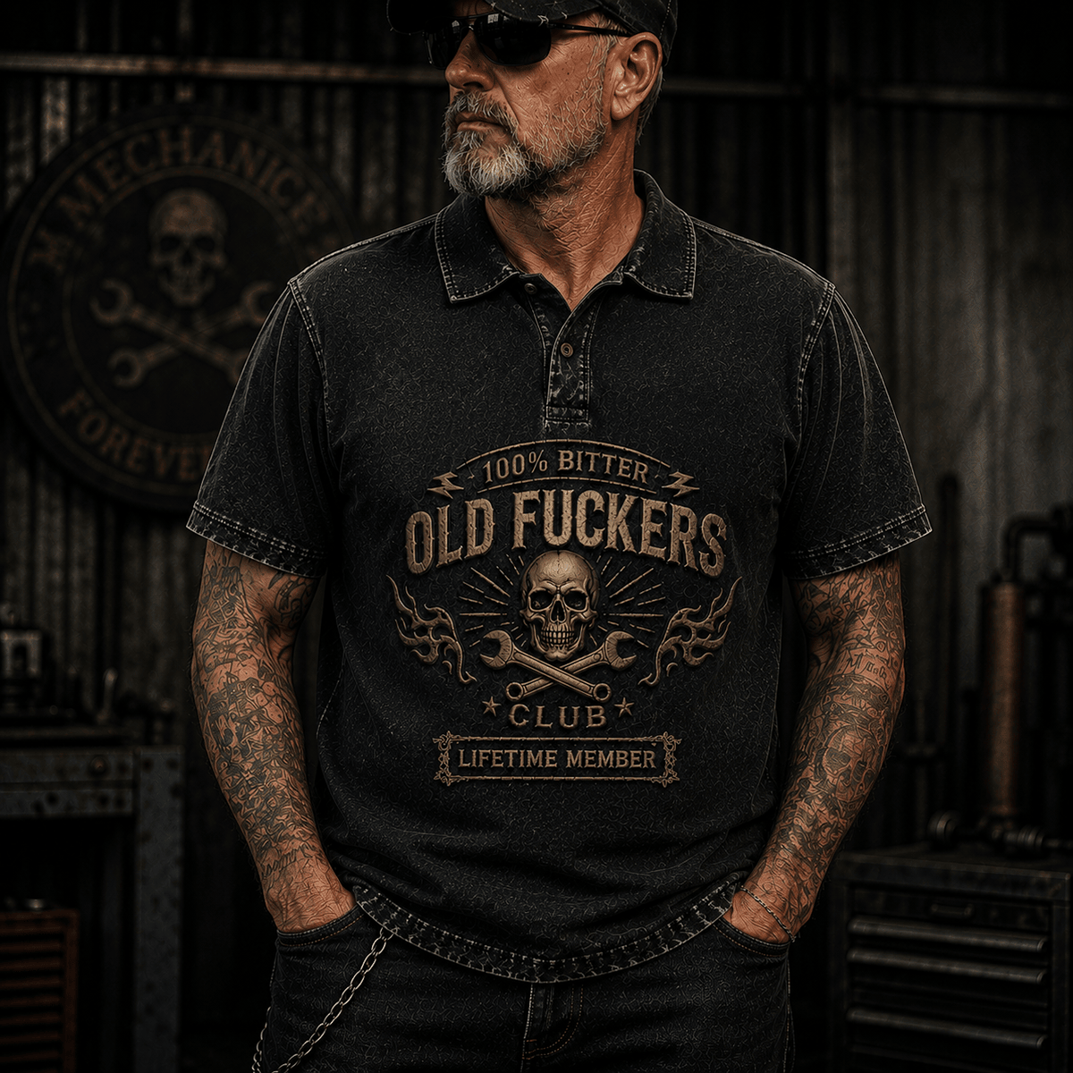 Men's Bitter Old Guys Club Lifetime Member Printed Polo Shirt, Skull Wrench Flame Graphic, Funny Mechanic Birthday Gift for Older Men