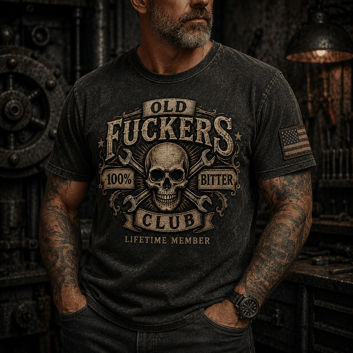 Men's Bitter Old Guys Club Lifetime Member Printed T-Shirt, Skull Crossed Wrenches Graphic Tee, Funny Mechanic Gift for Older Men
