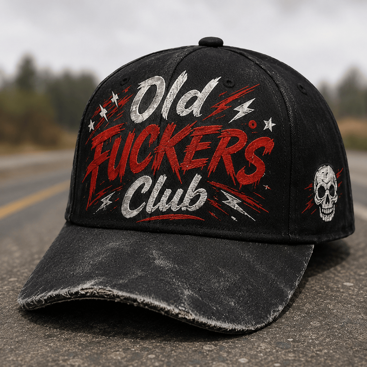Old Fuckers Club Printed Cap, Funny Old Man Skull Graphic Hat, Vintage Distressed Men’s Baseball Cap, Humor Gift for Men