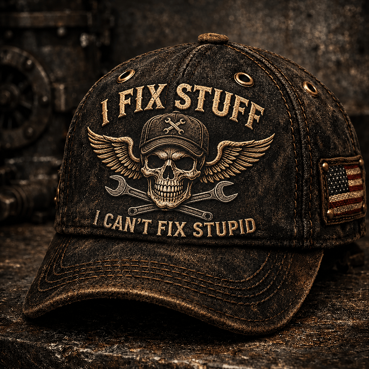 I Fix Stuff I Can’t Fix Stupid Printed Cap, Funny Mechanic Skull Hat, Wrench Graphic Baseball Cap, Mechanic Gift for Dad Men