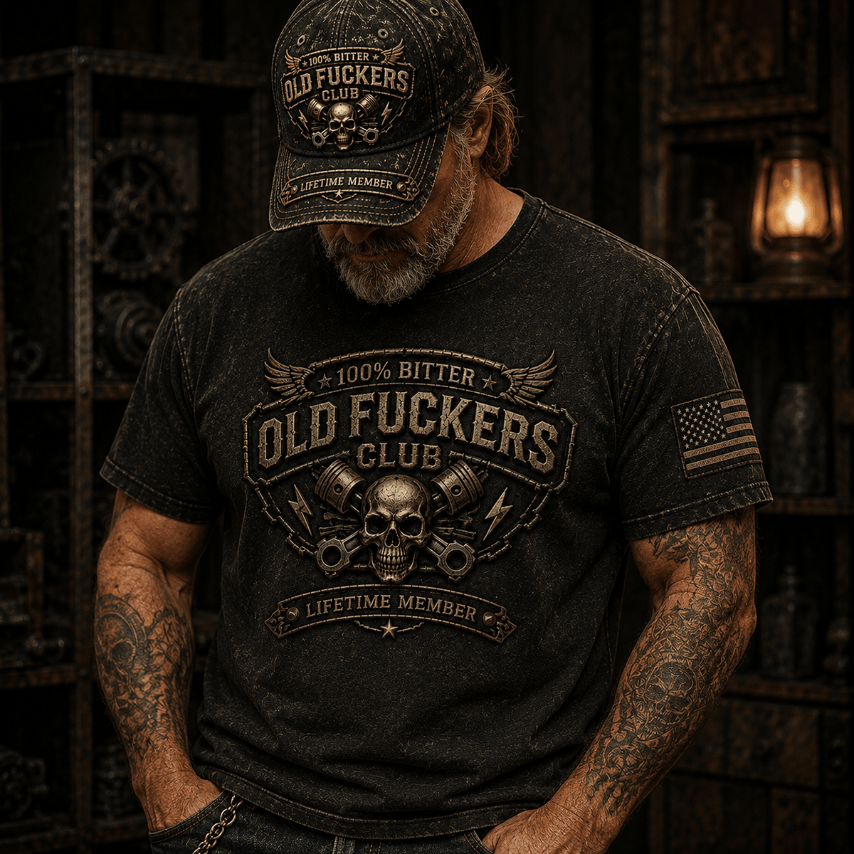 Old Fuckers Club Lifetime Member Printed T-Shirt, Skull Piston Graphic Tee for Men, Vintage Mechanic Gift for Dad Grandpa