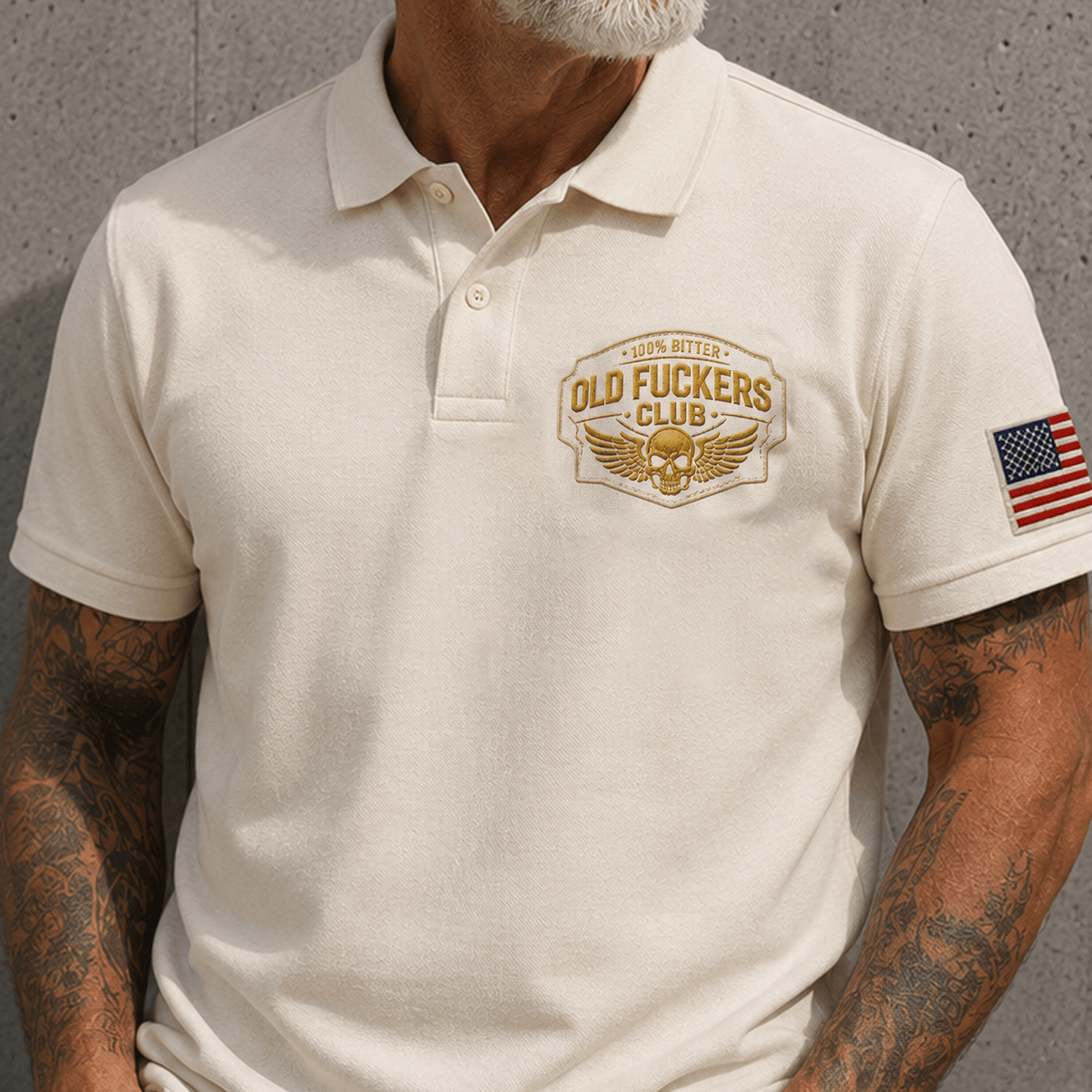 Old Fuckers Club Printed Polo Shirt, Funny Skull Wing American Flag Polo, Old Man Humor Patriotic Graphic Shirt for Men