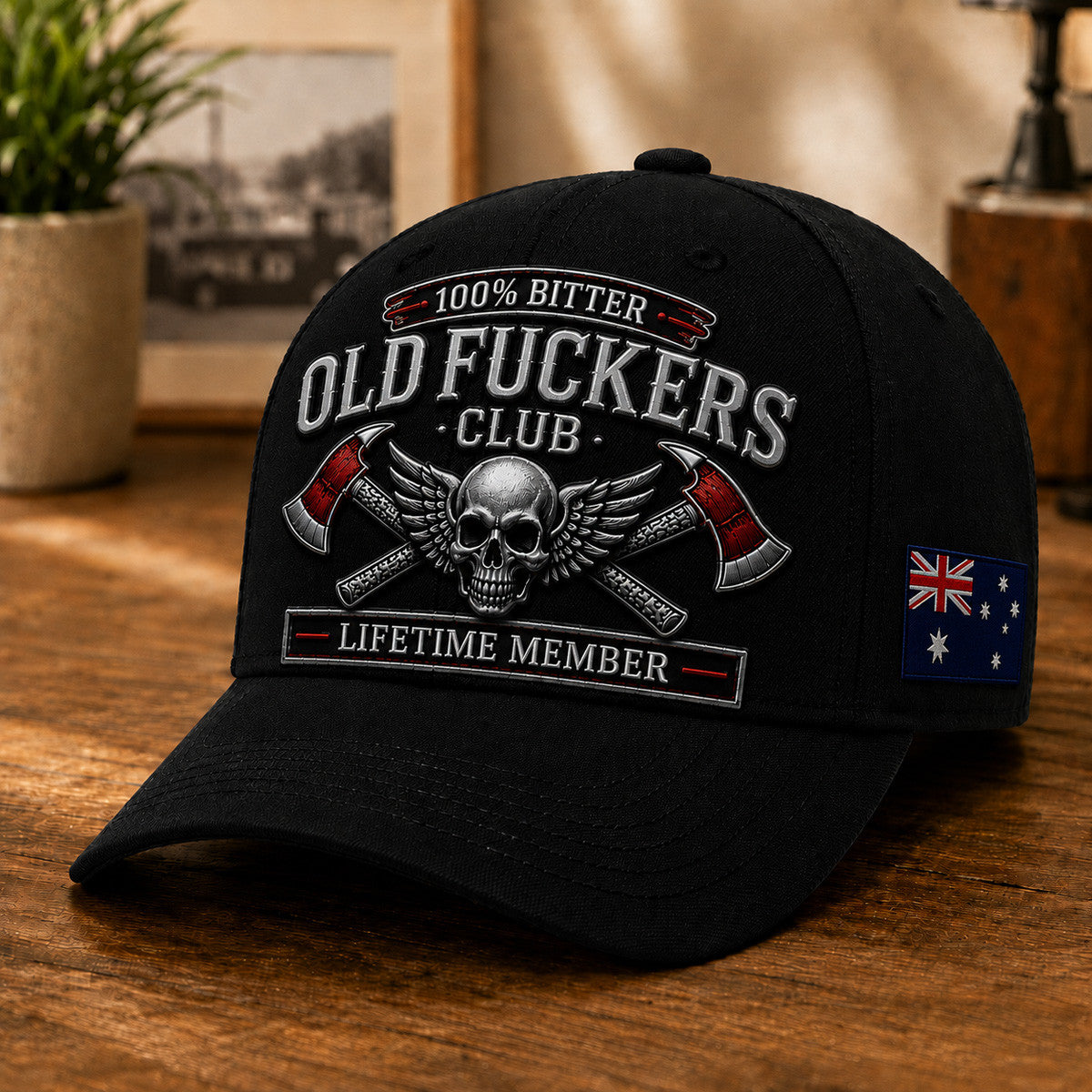 Old Fuckers Club Lifetime Member Printed Baseball Cap, Skull Wings Crossed Axes Australia Flag Hat, Funny Old Man Graphic Cap for Men