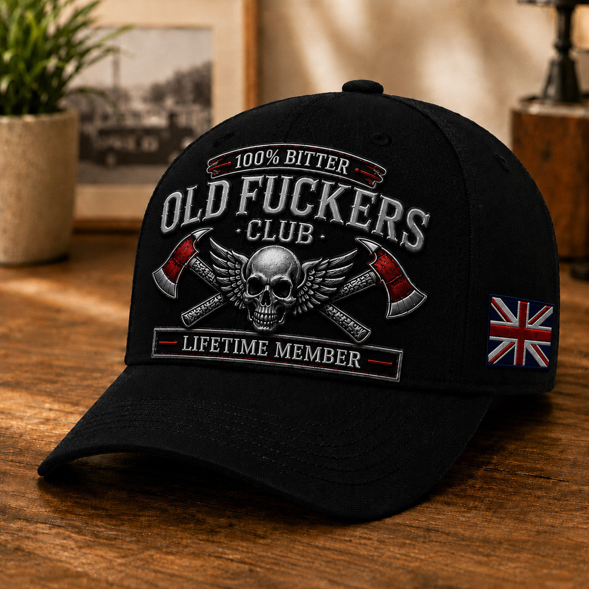 Old Fuckers Club Lifetime Member Printed Baseball Cap, Skull Wings Crossed Axes UK Flag Hat, Funny Old Man Graphic Cap for Men