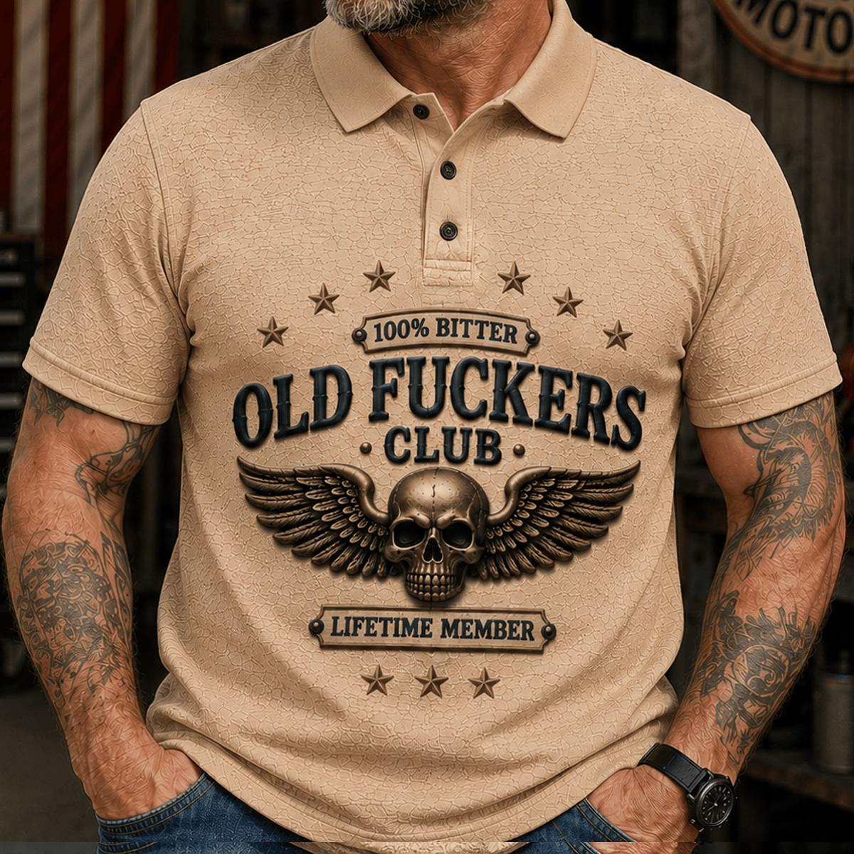 Old Fuckers Club Lifetime Member Printed Polo Shirt, Skull Wings Graphic Polo, Funny Old Man Shirt for Men, Vintage Skull Design