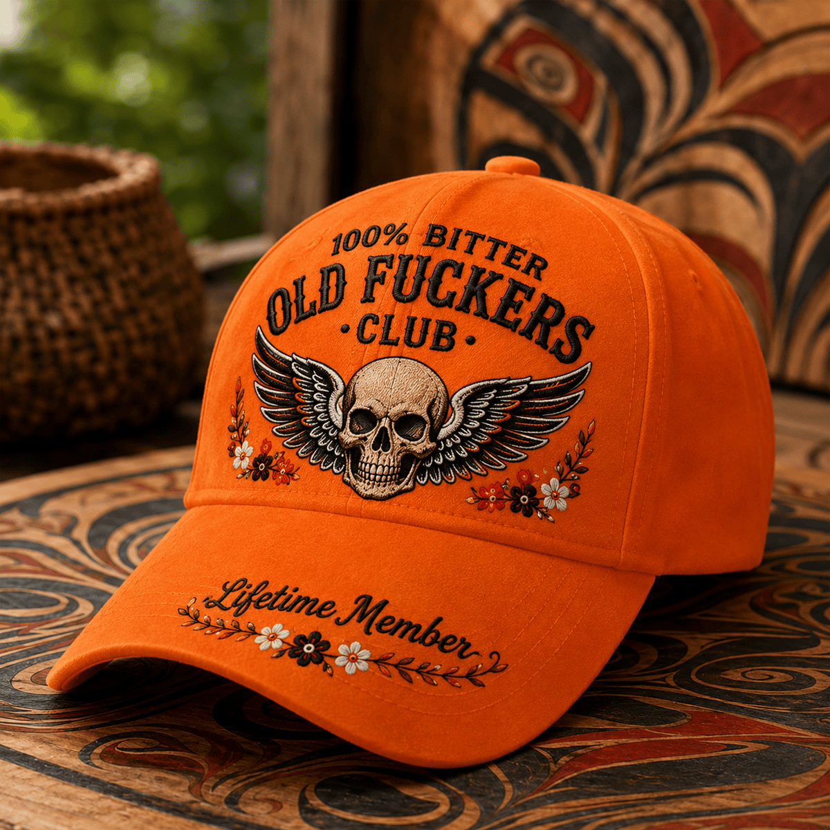Old Fuckers Club Lifetime Member Printed Baseball Cap, Skull Wings Floral Graphic Hat, Funny Old Man Cap for Men