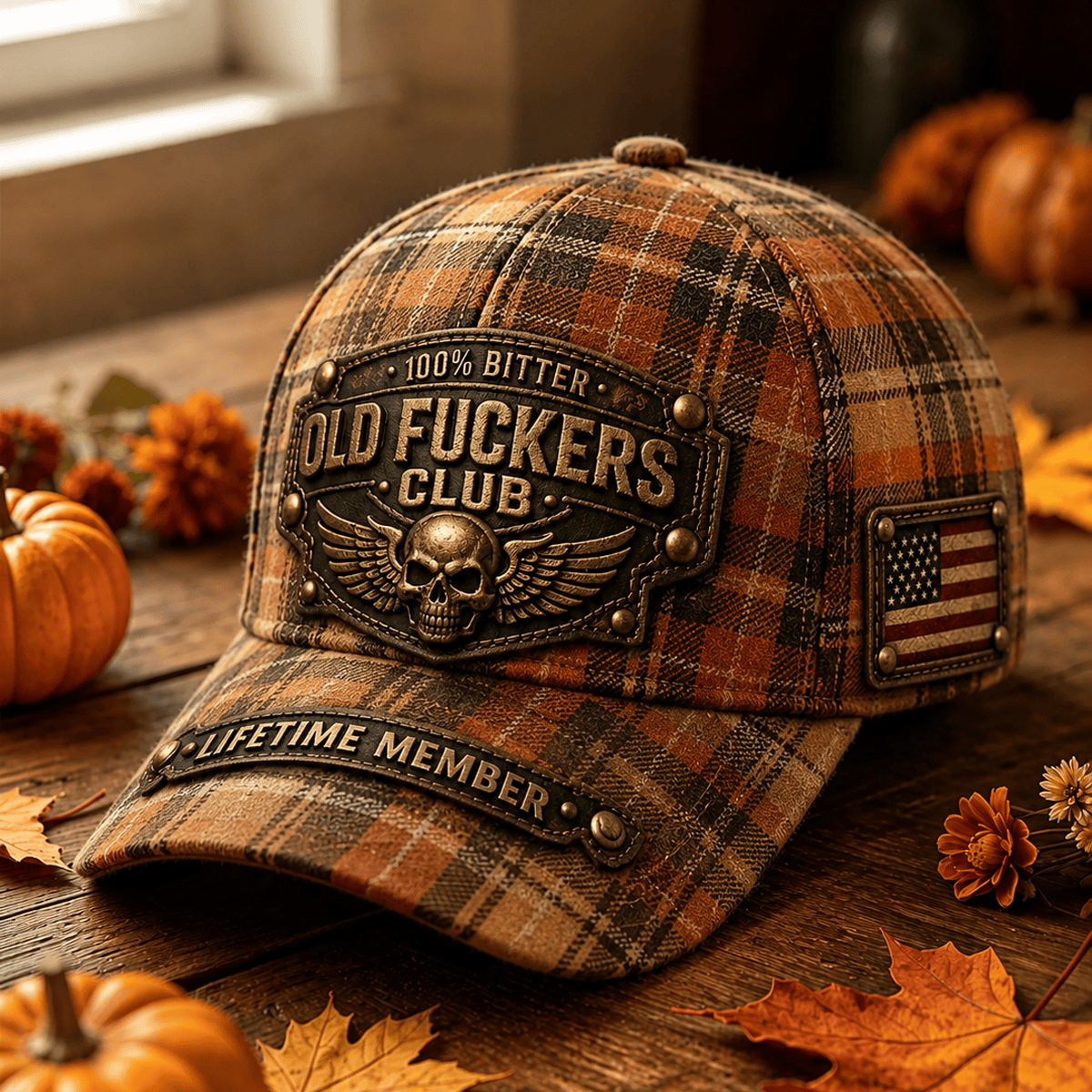 Old Fuckers Club Lifetime Member Printed Baseball Cap, Skull Wings USA Flag Plaid Hat, Funny Old Man Graphic Cap for Men