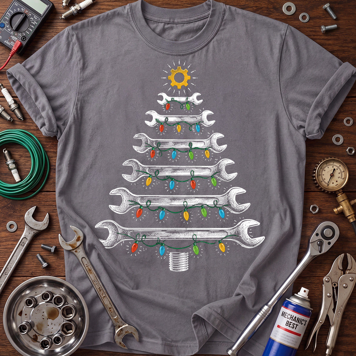Mechanic Christmas Tree Printed T-Shirt, Wrench Holiday Graphic Tee, Funny Mechanic Christmas Shirt for Men