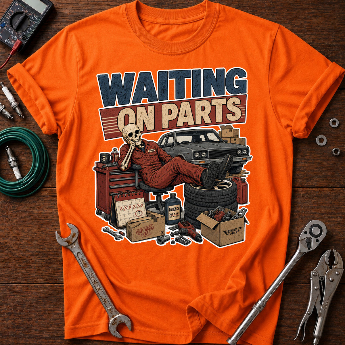 Waiting On Parts Mechanic Printed T-Shirt, Funny Auto Repair Shirt for Men, Garage Mechanic Humor Tee, Car Lover Gift