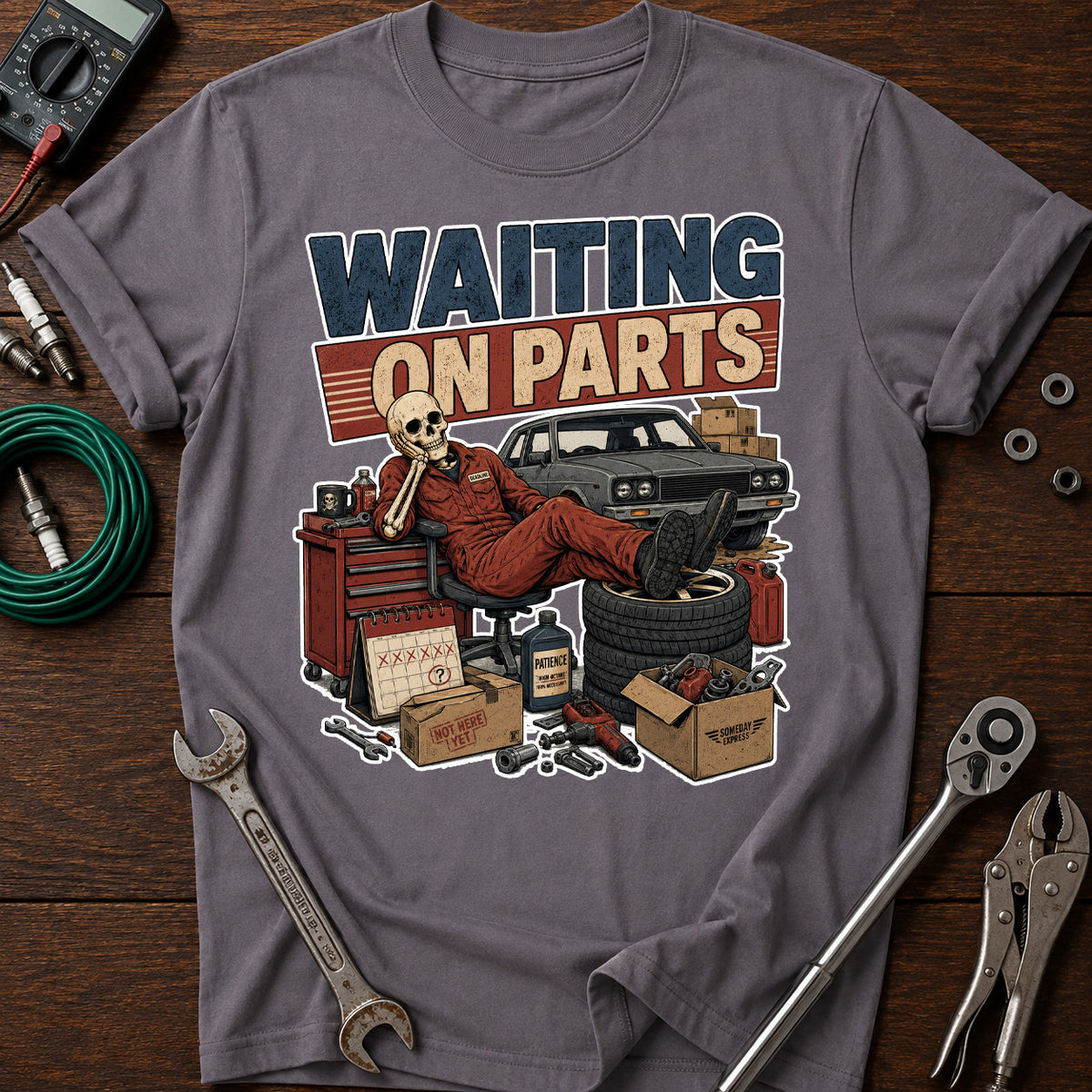 Waiting On Parts Mechanic Printed T-Shirt, Funny Auto Repair Shirt for Men, Garage Mechanic Humor Tee, Car Lover Gift
