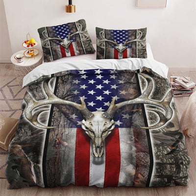 Hunting Deer American Flag Duvet Cover Bedding Set - Gift for Hunting Lovers