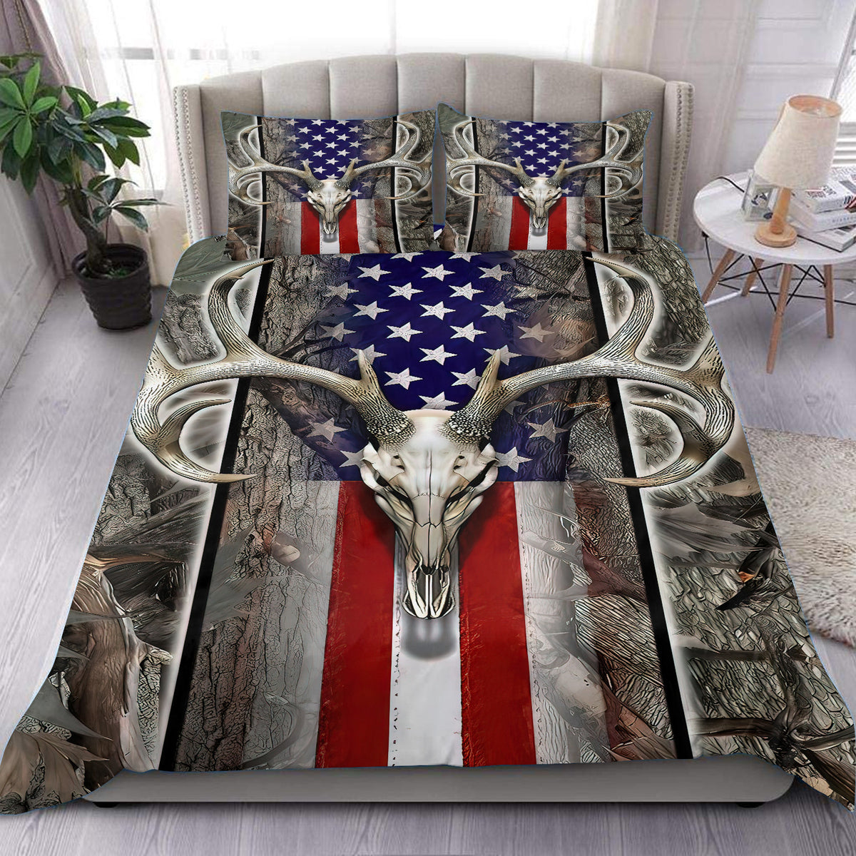 Hunting Deer American Flag Duvet Cover Bedding Set - Gift for Hunting Lovers