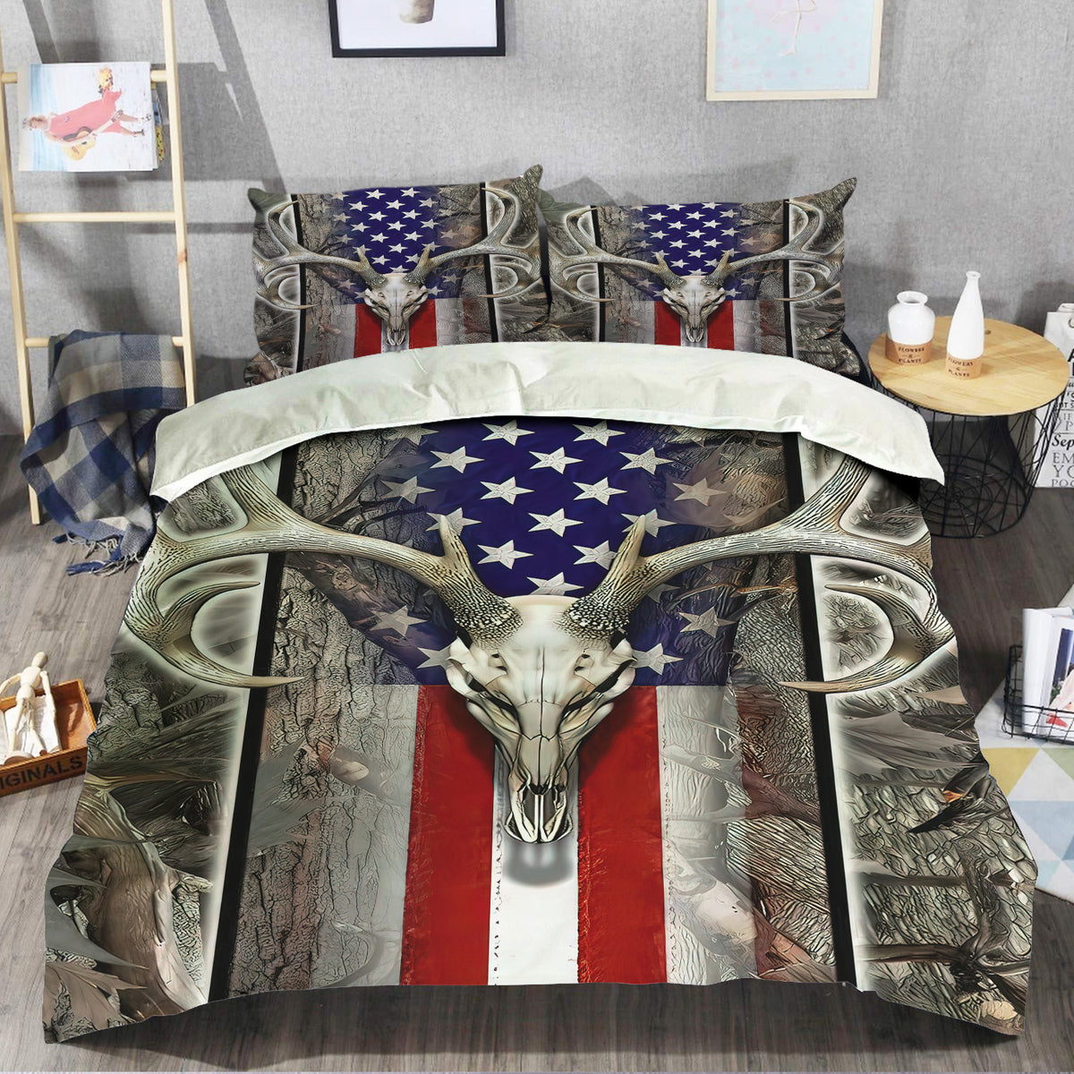 Hunting Deer American Flag Duvet Cover Bedding Set - Gift for Hunting Lovers