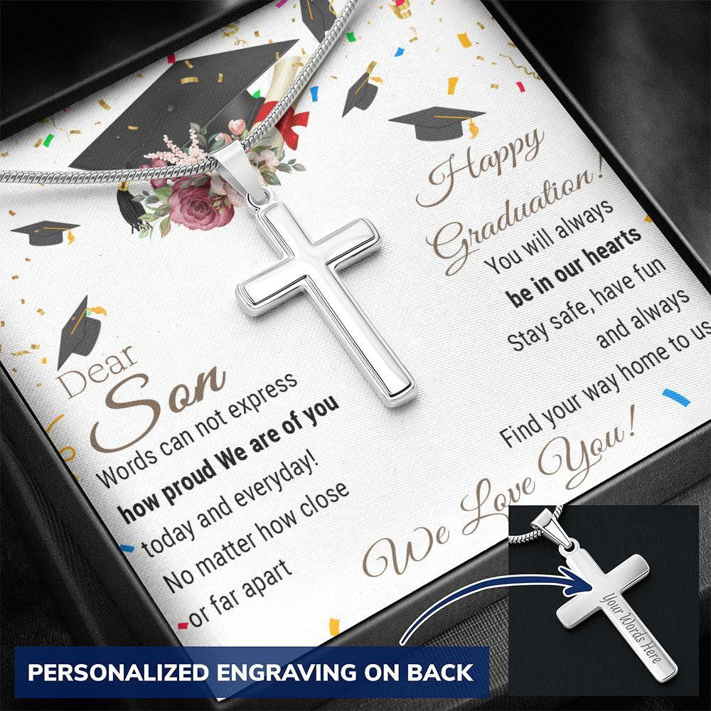 To My Son: Happy Graduation, We Are Of You - Personalized Cross Necklace