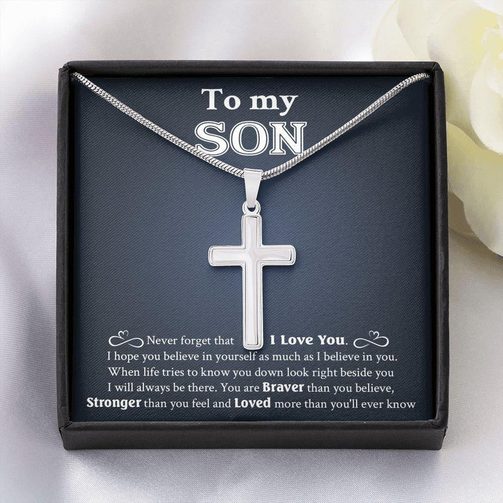 To My Son, Gift For Son, Never Forget That I Love You, Cross Necklace Gift From Dad Mom