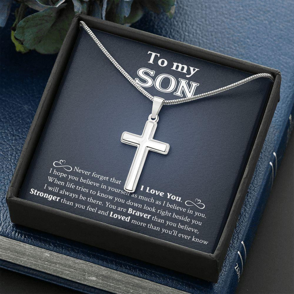 To My Son, Gift For Son, Never Forget That I Love You, Cross Necklace Gift From Dad Mom