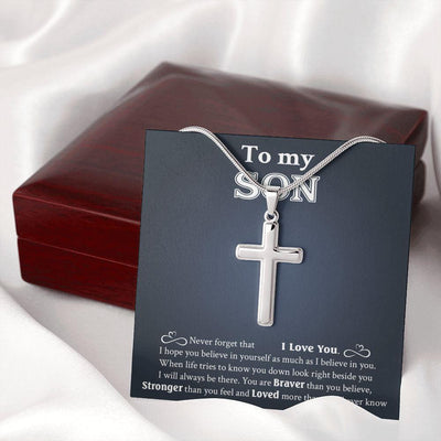 To My Son, Gift For Son, Never Forget That I Love You, Cross Necklace Gift From Dad Mom