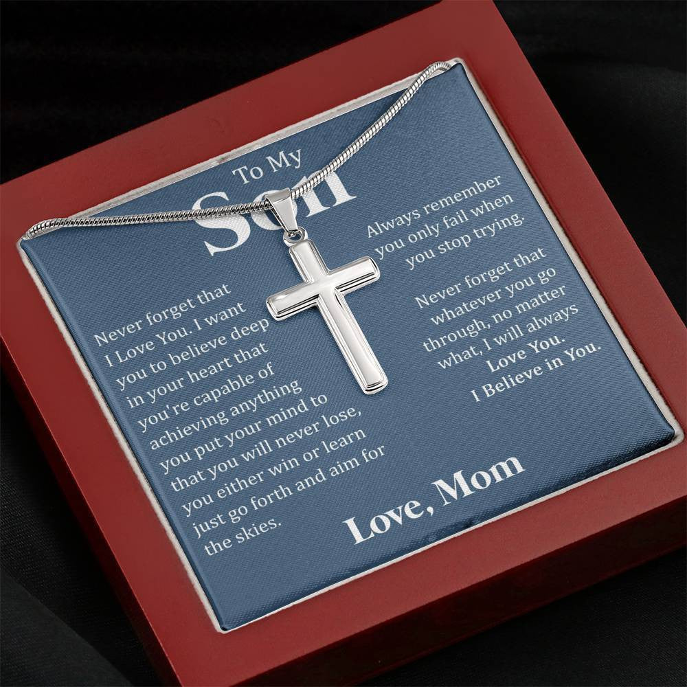To My Son - I Believe In You, Cross Necklace Gift From Dad Mom