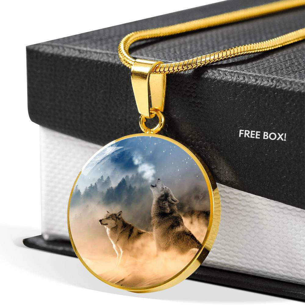 Personalized Wolf Necklace - Custom Engraving On The Back - Luxury Circle Pendant Necklace Perfect Gift Idea For Her/Him