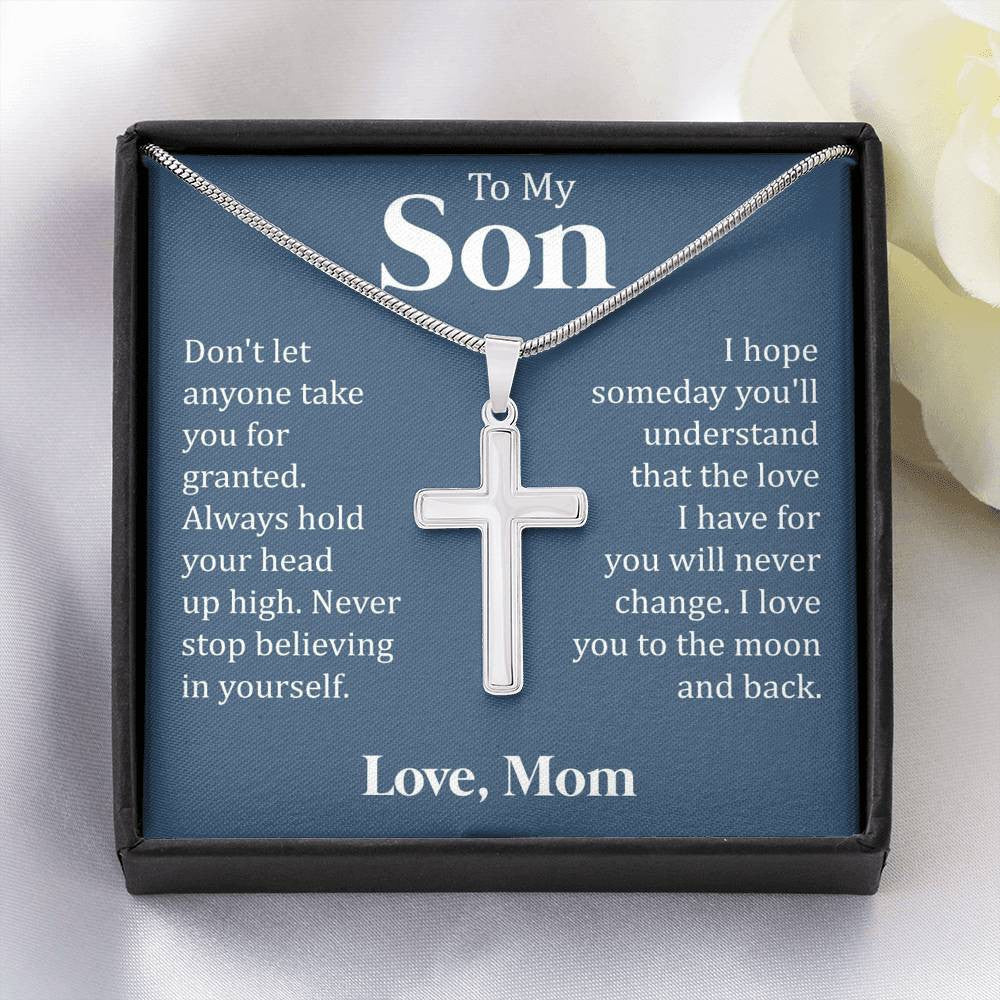 To My Son - Never Stop Believing, We Love You, Cross Necklace From Dad Mom
