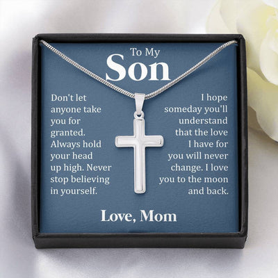 To My Son - Never Stop Believing, We Love You, Cross Necklace From Dad Mom
