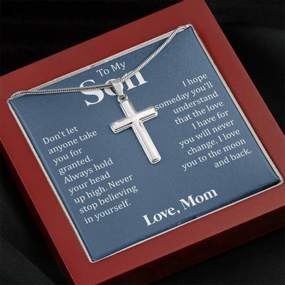 To My Son - Never Stop Believing, We Love You, Cross Necklace From Dad Mom